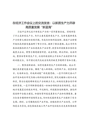 在经济工作会议上的交流发言：以新质生产力开辟高质量发展“新蓝海”.docx