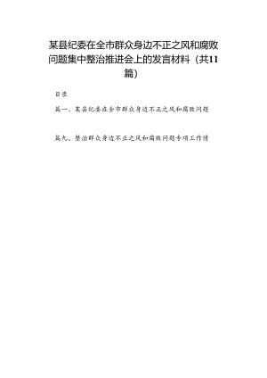 （11篇）某县纪委在全市群众身边不正之风和腐败问题集中整治推进会上的发言材料（最新版）.docx