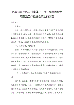 区领导在全区农村集体“三资”突出问题专项整治工作推进会议上的讲话.docx