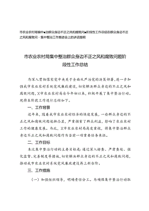 2024年市农业农村局集中整治群众身边不正之风和腐败问题阶段性工作总结、讲话提纲.docx