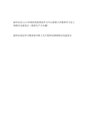 副市长在理论学习中心组新质生产力专题研讨交流发言和读书班关于组织纪律的研讨交流发言.docx