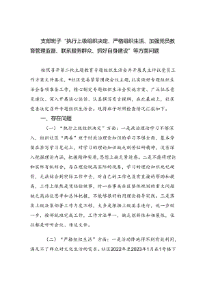 支部班子“执行上级组织决定、严格组织生活、加强党员教育管理监督、联系服务群众、抓好自身建设”等方面问题三篇供参考.docx