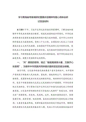 (六篇)学习青海省考察调研时重要讲话精神专题心得体会研讨发言材料（精选）.docx