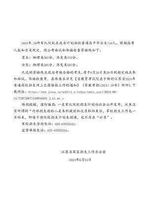 2024年江苏军队院校招生面试和体格检查资格线.docx