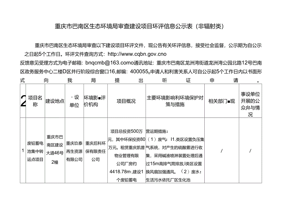 重庆市巴南区环境保护局受理建设项目环评信息公告(非.docx_第1页