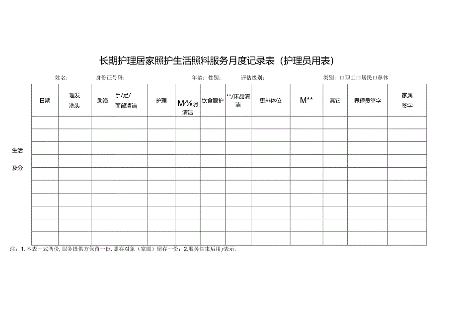 长期护理居家照护生活照料服务月度记录表(护理员用表)1-1-5.docx_第1页