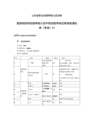 2024年山东省职业技能等级认定试卷 真题 服装制版师 中级技能考核准备通知单.docx