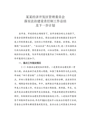 某某经济开发区管理委员会落实法治建设责任制工作总结及下一步计划.docx
