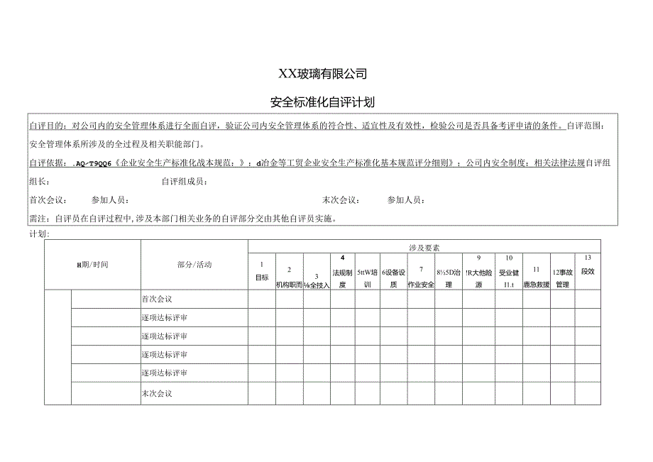 XX玻璃有限公司安全标准化自评计划(2024年).docx_第1页
