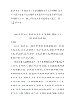 2024年学习贯彻20届三中全会精神专题党课讲稿：坚持五个更加注重深化农村改革发展与牢牢把握全面深化改革的根本目的持之以恒把改革开放进行.docx