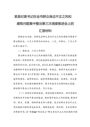 某县纪委书记在全市群众身边不正之风和腐败问题集中整治第三次调度推进会上的汇报材料.docx