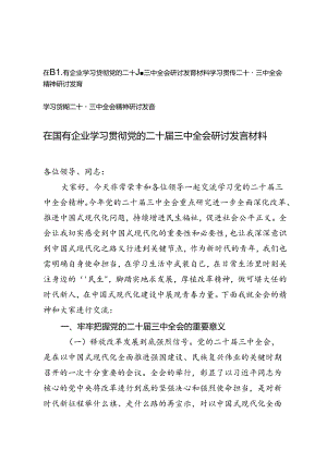 3篇 2024年在国有企业学习贯彻党的二十届三中全会研讨发言材料研讨发言材料.docx
