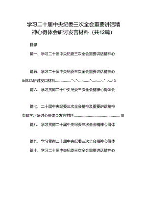 学习二十届中央纪委三次全会重要讲话精神心得体会研讨发言材料（共12篇选择）.docx