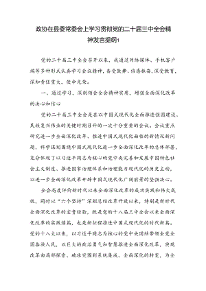 政协主席领导干部在县委常委会上学习贯彻党的二十届三中全会公报决定精神发言提纲2篇.docx