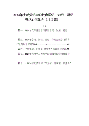 2024年支部党纪学习教育学纪、知纪、明纪、守纪心得体会13篇（精选）.docx
