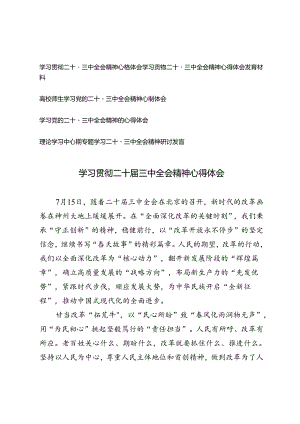 5篇 学习贯彻二十届三中全会精神心得体会+理论学习中心组专题学习二十届三中全会精神研讨发言.docx