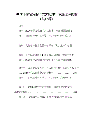 2024年学习党的“六大纪律”专题授课提纲(15篇集合).docx
