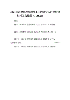 2024年巡察整改专题民主生活会个人对照检查材料发言提纲（合计15份）.docx