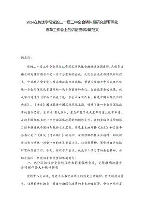 2024在传达学习党的二十届三中全会精神暨研究部署深化改革工作会上的讲话提纲2篇范文.docx