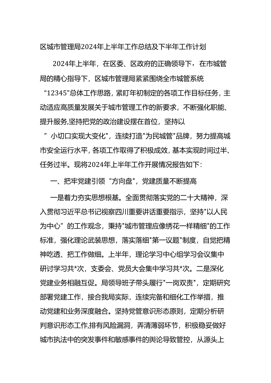 区城市管理局2024年上半年工作总结及下半年工作计划.docx_第1页