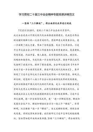 学习贯彻二十届三中全会精神专题党课讲稿范文——坚持“三个解放”将全面深化改革进行到底.docx
