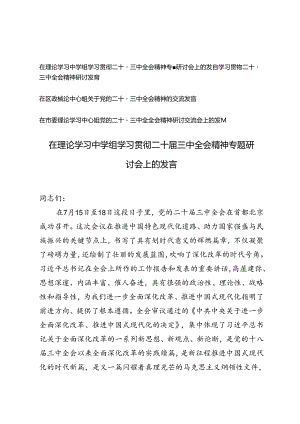 4篇通用 2024年在理论学习中学组学习贯彻二十届三中全会精神专题研讨会上的发言.docx