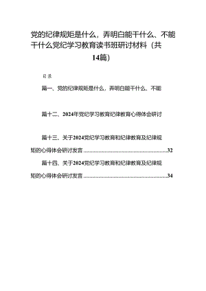 党的纪律规矩是什么弄明白能干什么、不能干什么党纪学习教育读书班研讨材料14篇供参考.docx