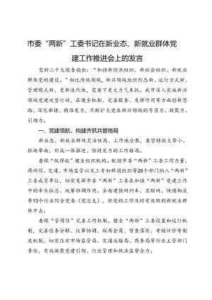 市委“两新”工委书记在新业态、新就业群体党建工作推进会上的发言.docx