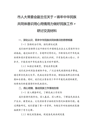 市人大常委会副主任关于“铸牢中华民族共同体意识用心用情用力做好民族工作”研讨交流材料.docx