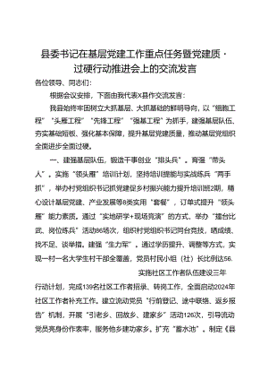 县委书记在基层党建工作重点任务暨党建质量过硬行动推进会上的交流发言.docx