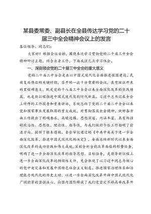 某县委常委、副县长在全县传达学习党的二十届三中全会精神会议上的发言.docx