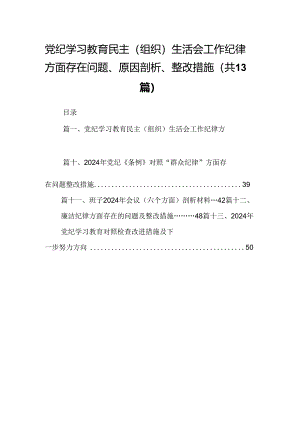党纪学习教育民主（组织）生活会工作纪律方面存在问题、原因剖析、整改措施(13篇集合).docx
