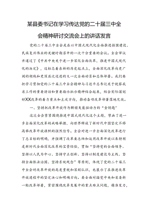 某县委书记在学习传达党的二十届三中全会精神研讨交流会上的讲话发言.docx