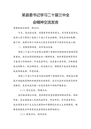 某县委书记学习二十届三中全会精神交流发言.docx