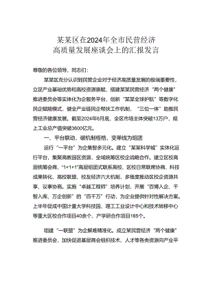 某某区在2024年全市民营经济高质量发展座谈会上的汇报发言.docx