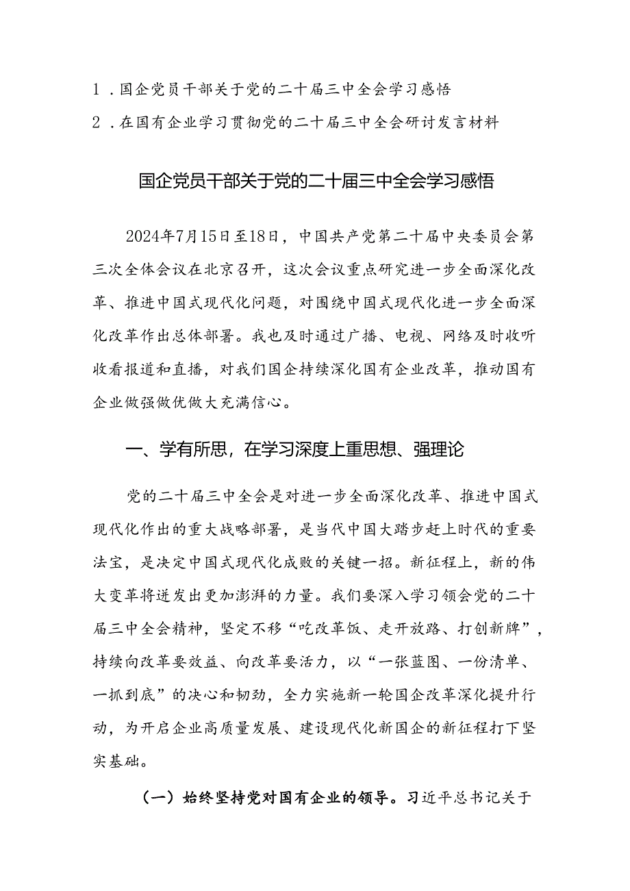 国企党员干部关于党的二十届三中全会学习感悟及研讨发言材料范文2篇.docx_第1页