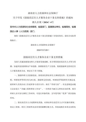 湖南省鼓励高层次人才服务企业十条支持措施（2024年）.docx