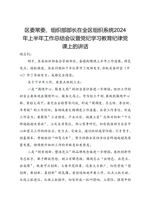 区委常委、组织部部长在全区组织系统2024年上半年工作总结会议暨党纪学习教育纪律党课上的讲话.docx