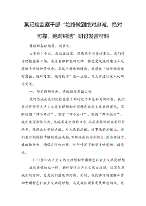某纪检监察干部“始终做到绝对忠诚、绝对可靠、绝对纯洁”研讨发言材料.docx