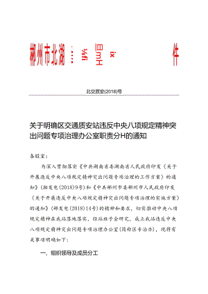 交通质安站关于明确全区违反中央八项规定精神突出问题专项治理办公室职责分工的通知.docx
