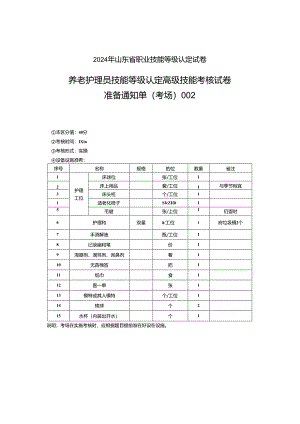 2024年山东省职业技能等级认定试卷 真题 养老护理员 高级考场 考场准备通知单.docx