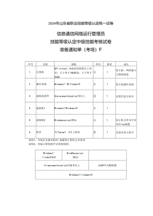 2024年山东省职业技能等级认定试卷 真题 信息通讯网络运行管理员中级实操考场、考生准备通知单F（样卷）.docx