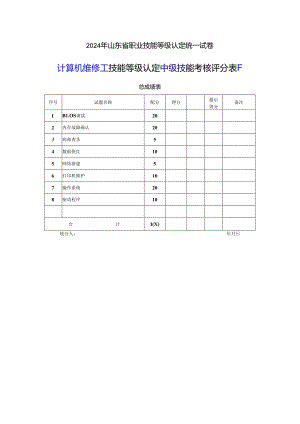2024年山东省职业技能等级认定试卷 真题 计算机维修工中级实操评分记录表F.docx