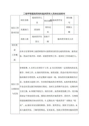 二级甲等医院药剂科临床药学人员岗位说明书.docx