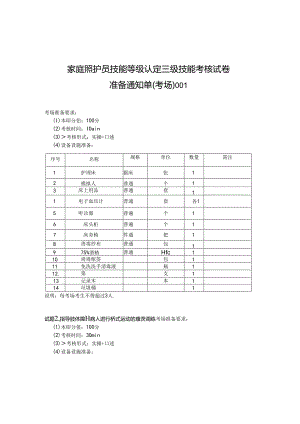 2024年山东省职业技能等级认定试卷 真题 家庭照护员 高级 考场、考生准备通知单 ().docx