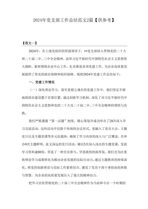 2024年党支部工作总结范文2篇【供参考】.docx