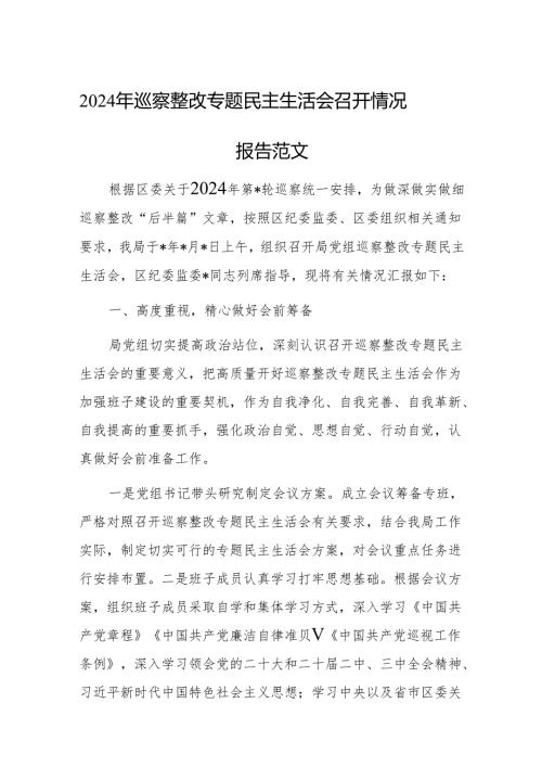 2024年巡察整改专题民主生活会召开情况报告范文.docx