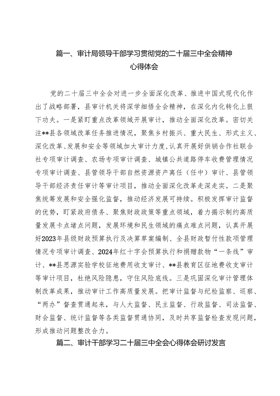 审计局领导干部在学习党的二十届三中全会精神研讨班研讨会上的交流发言（13篇）.docx_第2页