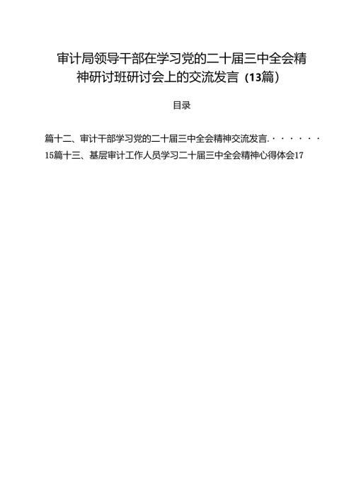 审计局领导干部在学习党的二十届三中全会精神研讨班研讨会上的交流发言（13篇）.docx