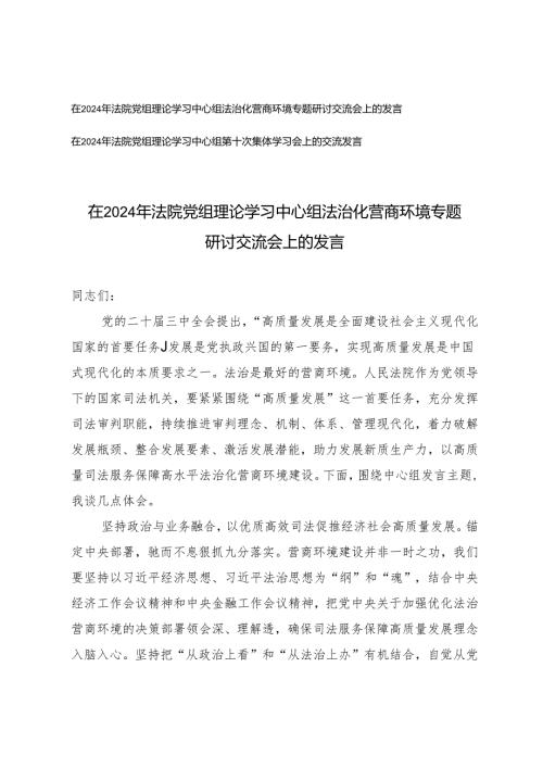 在2024年法院党组理论学习中心组法治化营商环境专题研讨交流会上的发言、法院党组理论学习中心组第十次集体学习会上的交流发言.docx
